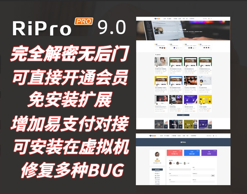 RiPro9.1修正升级版 无加密无后门无需扩展 集成易支付 修复加载CDN 会员充值回调错误